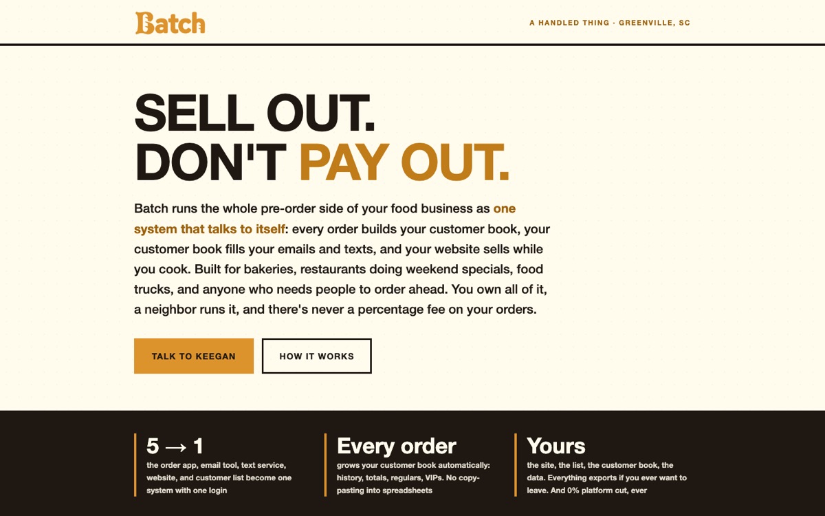 Batch landing page: "Sell out. Don’t pay out." in big block letters